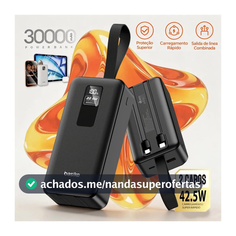 Basike Power Bank 30000mAh Com Carga rápida Turbo 42.5w Cabo e Digital para Celular Universal Para Celulares iPhone 17/16/15/14/13/12 Samsung Galaxy S24/S23/S22/S21/A55/A54 Motorola Mo