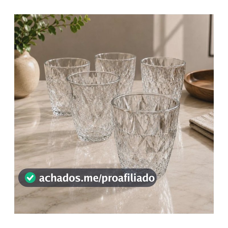 Jogo 6 Copos Baixos Diamond 300ml Vidro Resistente Diamante Transparente