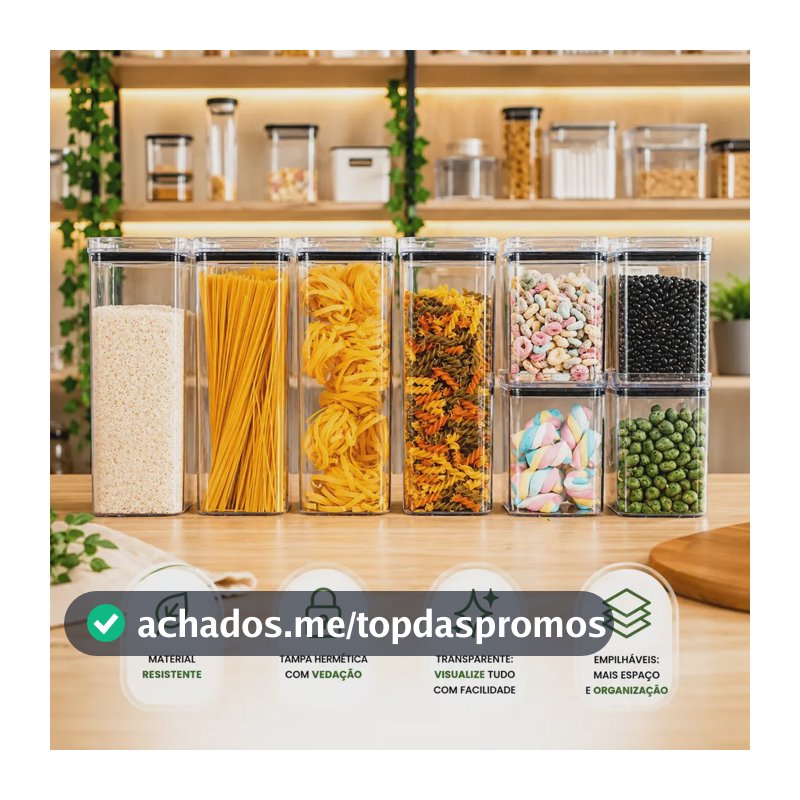 Kit 8 Potes Herméticos Mantimentos Quadrado Cozinha Tampa Vedação Hermética Amobox