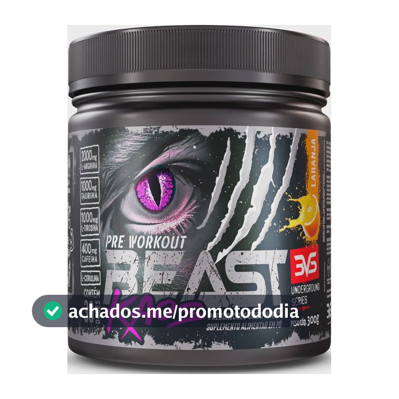 PRÉ TREINO BEAST KAOS 300g - Sabor Laranja - Extra Forte com Citrulina, Beta Alanina, Cafeína, Arginina, Taurina e Tirosina