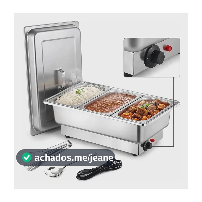 Rechaud Elétrico Profissional GAONAS Retangular de Aço Inoxidável com 3 Cubas e Controle de Temperatura, 13.5L