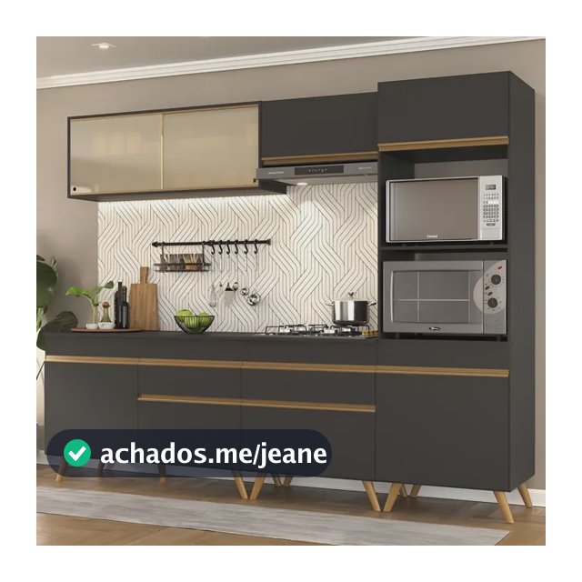 Armário de Cozinha Completa Modulada Balcão com Tampo e Torre Quente p/ Forno e Micro-ondas 5 peças MP3715 Veneza GB Multimóveis Preto