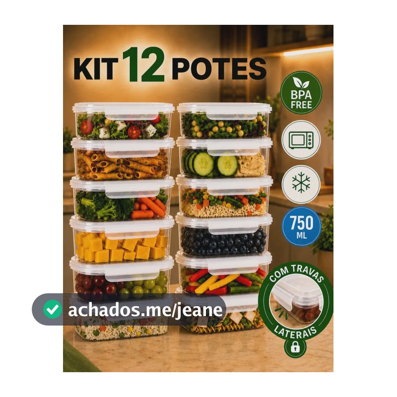 Kit 12 Potes Plásticos 750ml Para Alimentos Hermético Freezer Microondas Marmita Sem Bpa Organizador Com Tampa E Travas Peculiari