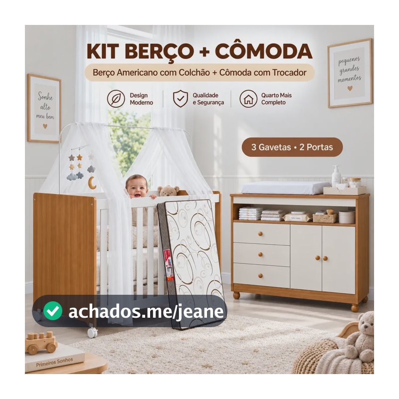 Kit Quarto Bebê Completo Berço Americano Funcional Retrô Com Colchão E Cômoda Com Trocador 3 Gavetas 2 Portas Cedro/off
