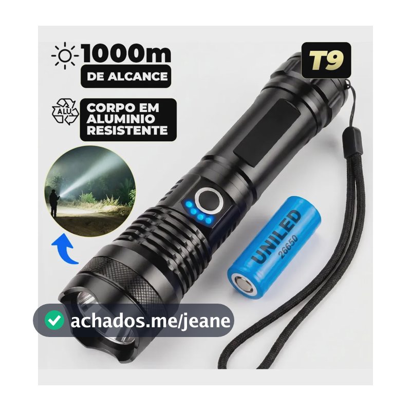 Lanterna Tática Militar T9 Mais Forte do Mundo Led Super Potente Zoom Telescópico Recarregável Aluminio Resistente Água Poeira Sitio Fazenda Uniled