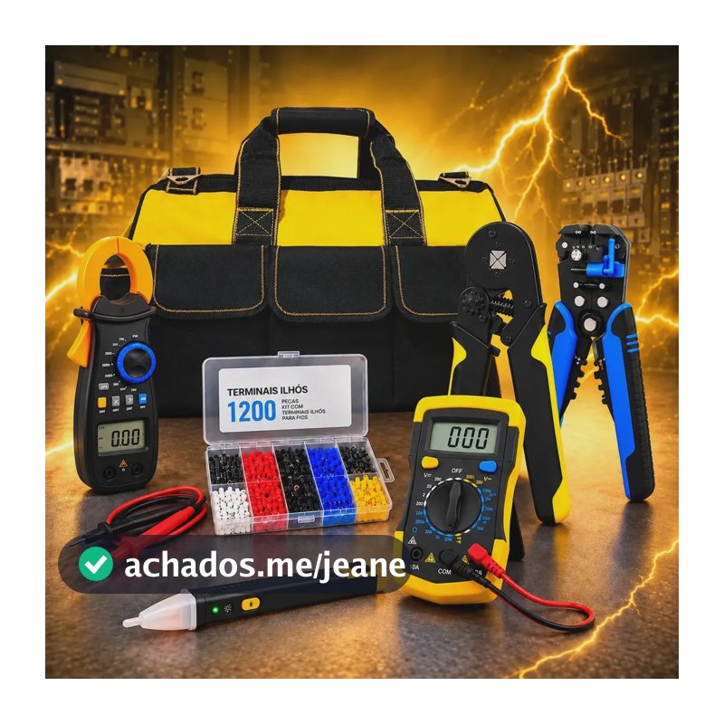 Kit Ferramentas Eletricista Profissional Completo Bolsa Reforçada 1200 Terminais Ilhós Alicate Crimpador Desencapador Amperímetro Multímetro Digital Caneta Detectora Tensão Maleta Organizadora