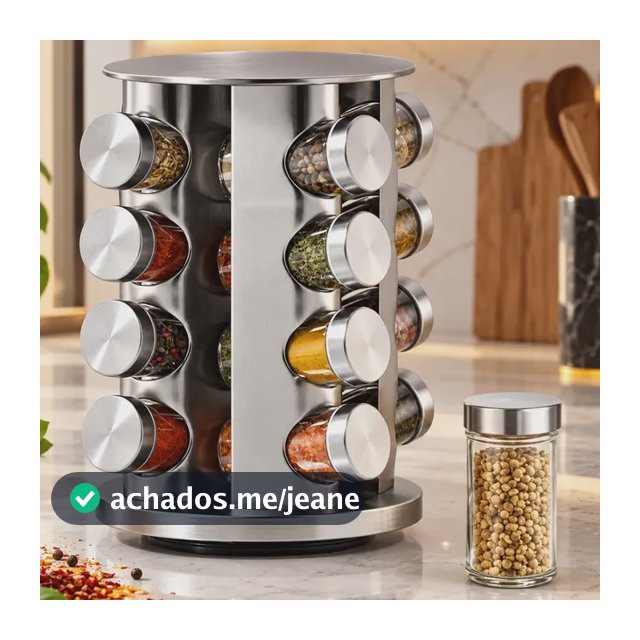 Porta Tempero Giratorio Inox 16 Potes Vidro Cor Inox Redondo Inox