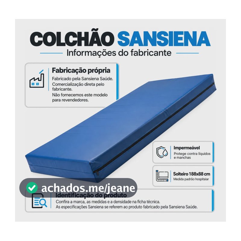 Colchão Hospitalar Sansiena Saúde D33 Solteiro 188x88x12cm Impermeável