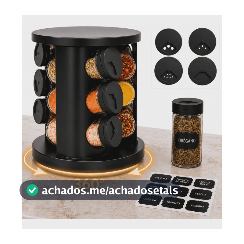 Porta Temperos Condimentos 9 Potes De Vidro Base Giratória 360° 9 Etiquetas Adesiva Organizador Cozinha Dosador Suporte Bancada Mesa Orégano Sal Páprica Pimenta Indue Variedades