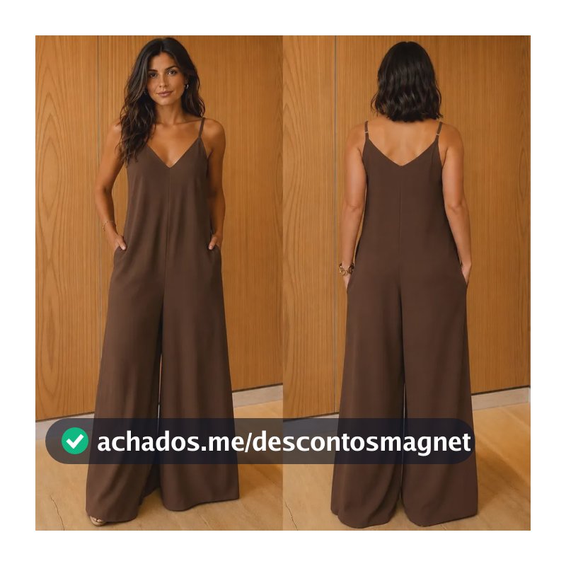 Macacão Feminino Longo Pantalona Com Bolsos Marrom Liso G