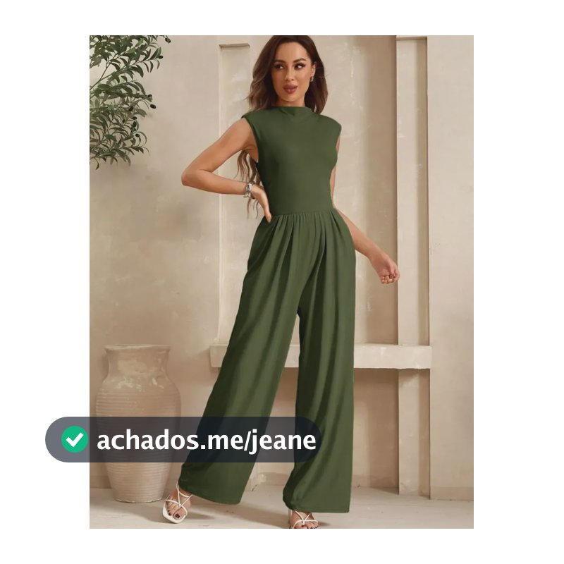 Macacão Feminino Longo Acinturado Regata Bolsos Moda Social Verde-militar M
