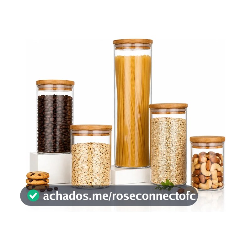 Kit 5 Potes Mantimentos Vidro Herméticos Com Tampa Bambu Alta Resistência Epsilon