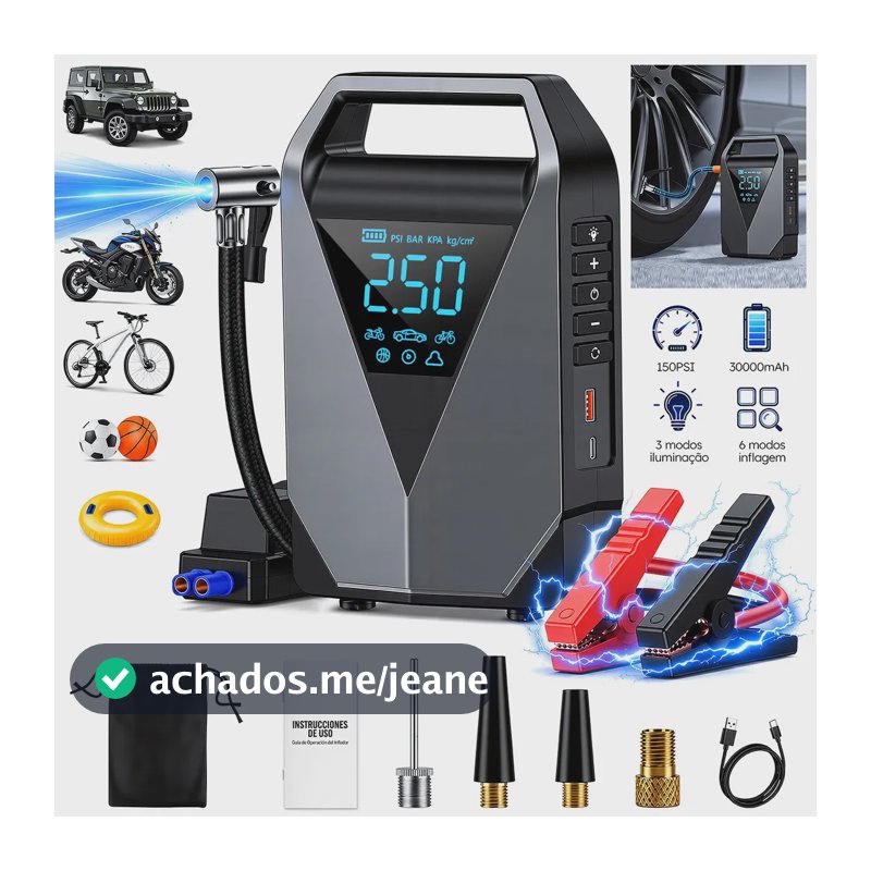 aweshine Compressor de Ar Portátil 150PSI Automotivo com Auxiliar Partida Portátil,6 Modos Inflagem, Power Bank, Tela Digital Grande, Lanterna Emergência 3 Modos Compatível Carro Moto Caminhão