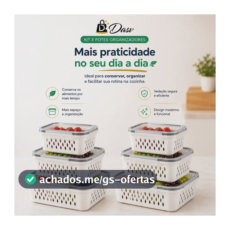 Conjunto Kit 6 Organizadores Geladeira Transparente Hermético Escorredor Cesto Frutas Alimentos Verduras Legumes Dasv