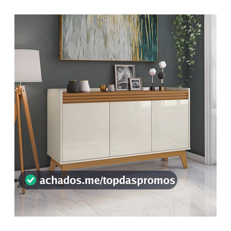 Buffet Aparador 3 Portas Ripado Astúrias 136cm Cor OFF WHITE/ CEDRO