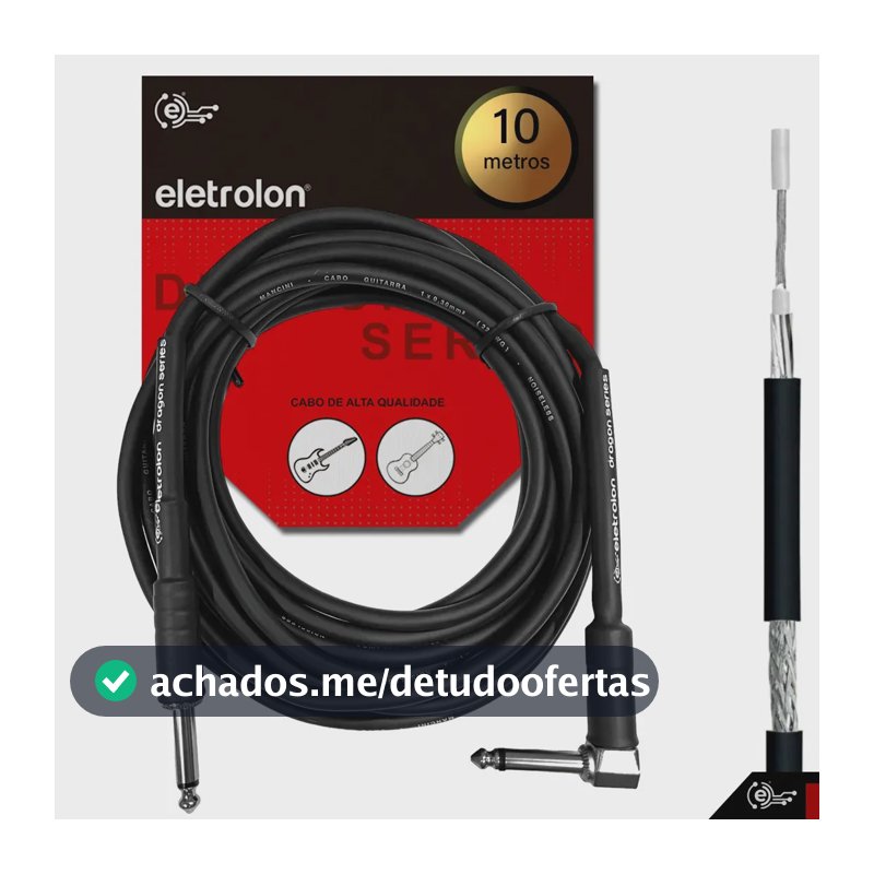 Cabo P10 Mono P10 90 Graus 10m Eletrolon Para Guitarra Baixo Violão Pedal Amplificador Instrumento Musical Áudio Som Profissional Cabo Blindado Resistente Plug 90º Alta Qualidade Palco Estúdio Dj