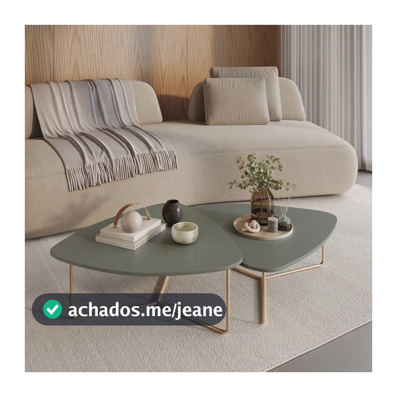 Kit 2 Mesas De Centro Para Sala Design Orgânico Dourada Mdf Verde