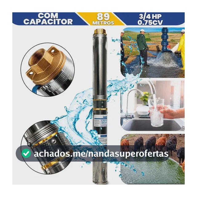 Bomba Submersa Caneta Palito 3/4hp 0,75cv Poço Artesiano Cisterna 0,75cv Mono 89m Cisterna Cacimba 2 Fios Submersível ( Cano 75mm )
