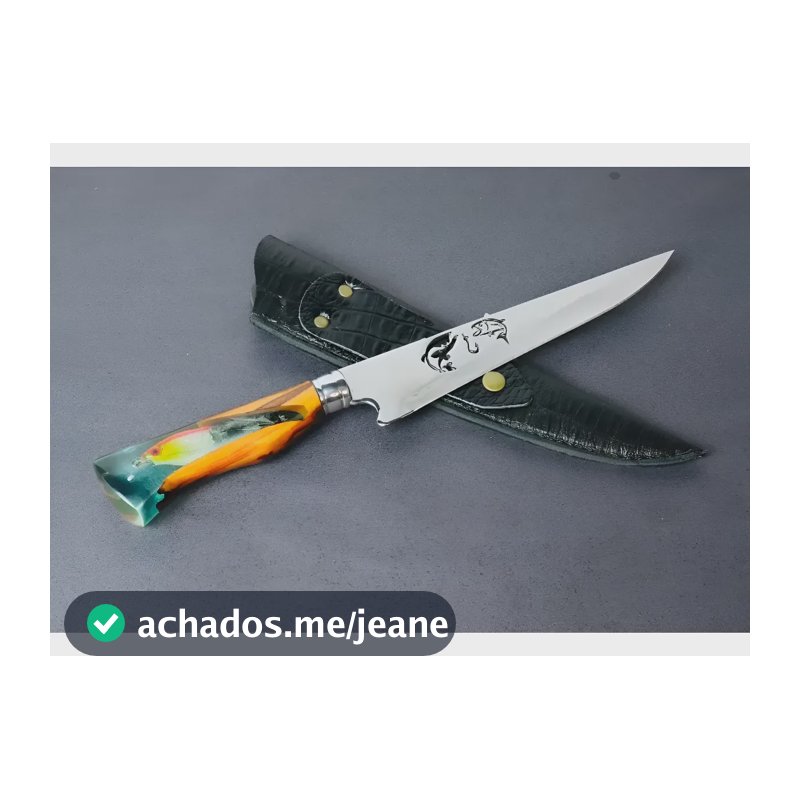 Faca Artesanal Churrasco Aço Inox Pescaria 9 Polegadas 2 Peixes E Um Anzol