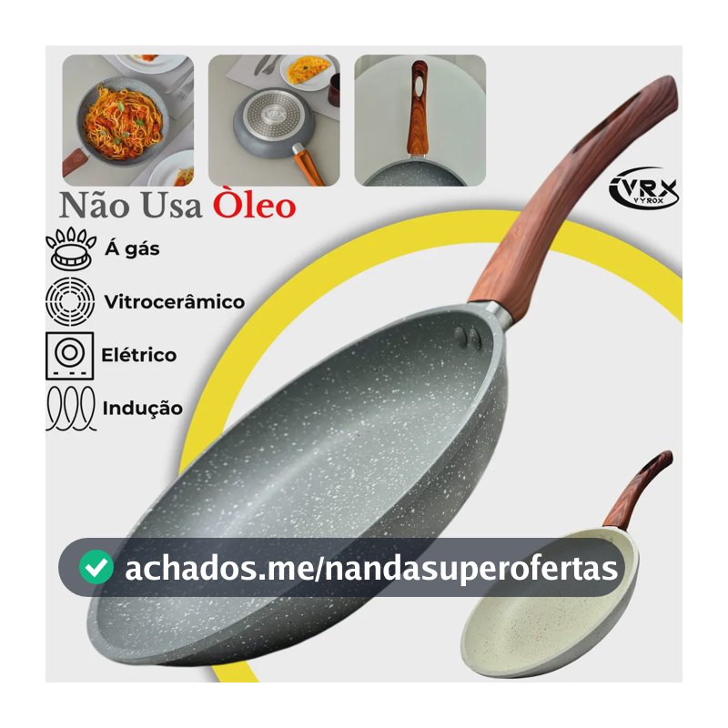 Frigideira Cerâmica 24cm Grande Premium Antiaderente Fogão Cooktop Gás Elétrico Indução Fundo Triplo Frita sem Óleo Cozinha Profissional Cabo de Baquelite Soft Touch Antitérmico VYROX