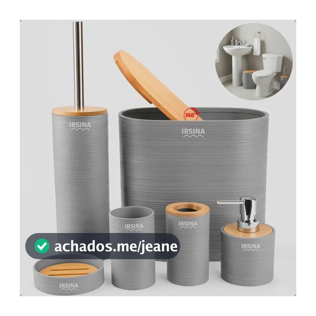 Kit Banheiro Completo Acessórios De Bambu Moderno Lixeira Com Tampa Escova Saboneteira Cor Cinza Irsina