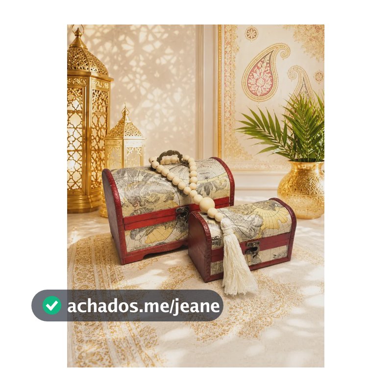 2 Baú Caixa Madeira Decorativa Indiano Porta Jóias Colar 31c Estampado Mapa Mundi Antigo Vintage