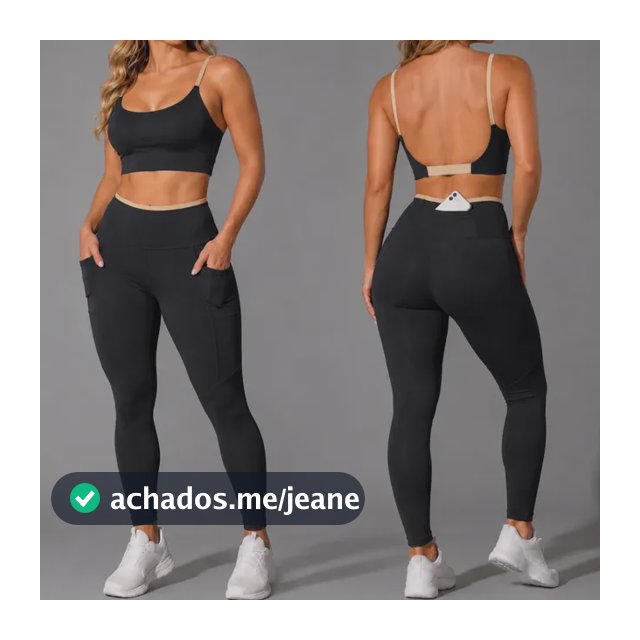 Conjunto Academia Top Calça Legging Fitness Roupa Kit Bolso Preto/areia Liso P 36/38