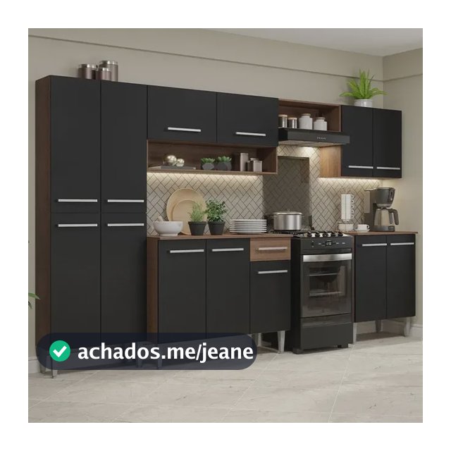 Armário de Cozinha Completa Modulada Compacta Madesa Emilly Balcão Rp Cor Rustic/Preto XAGREM2930017K