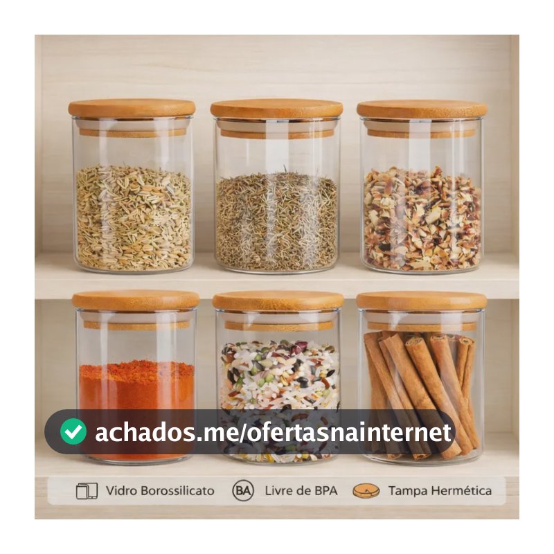 Kit 6 Potes De Vidro Herméticos Com Tampa De Bambu De 200ml Para Mantimentos Alimentos Grãos Café Massas Cereais Cozinha Com Vedação Hermética Vidro Borossilicato Livre Bpa Transparente