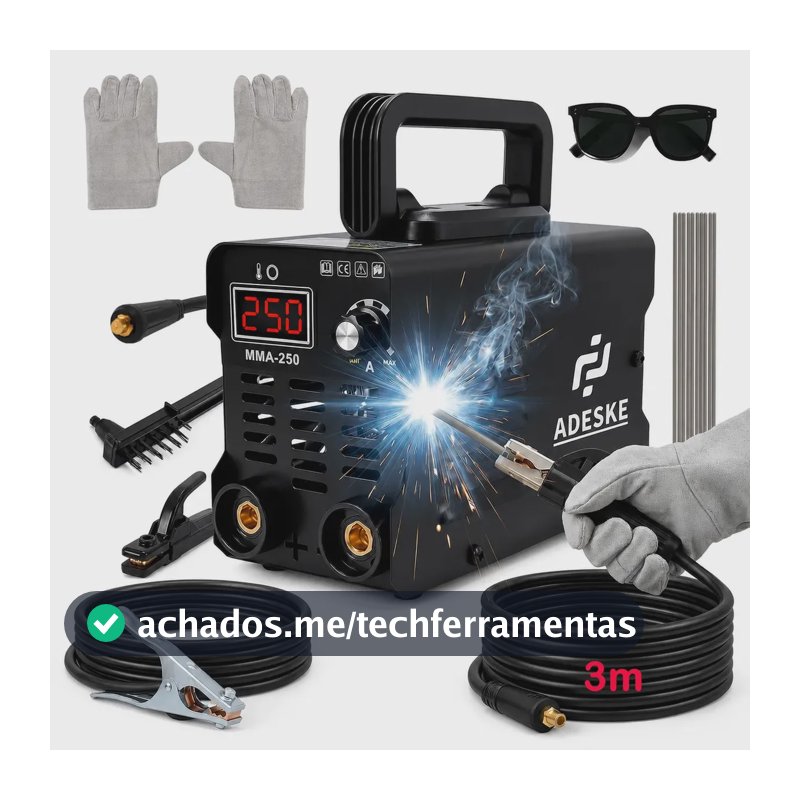 Máquina de Solda Inversora Portátil Adeske 250A com Display Digital e Acessórios