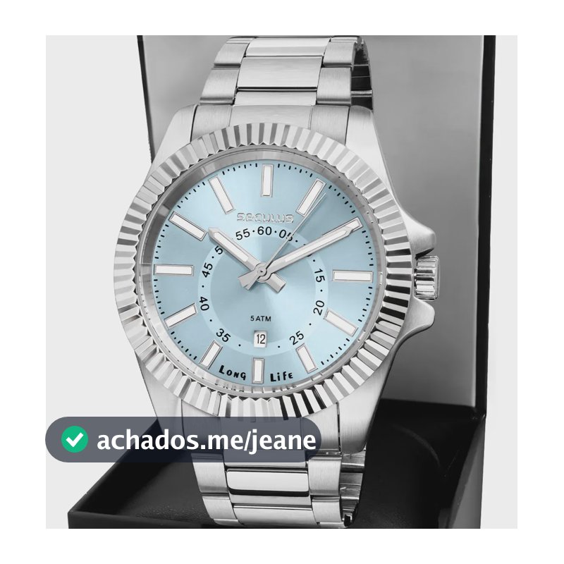 Relógio Seculus Masculino Casual de Aço Prata e Fundo Azul