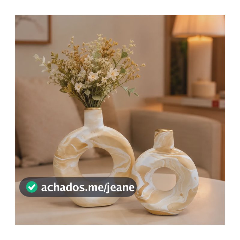 Dupla Decorativa Vaso Cerâmica Enfeite Decoração Sala Luxo Marmorizada Caramelo