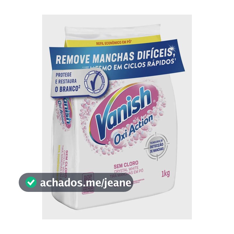 Tira Manchas em Pó Vanish Oxi Action Crystal White Refil 1kg para Roupas Brancas, Sem Cloro, com Percarbonato, Remove Manchas Difíceis e Deixa o Branco Até 5 Tons Mais Branco