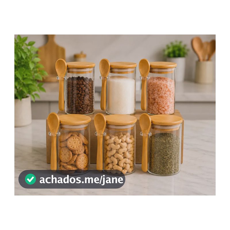 Kit 6 Potes De Vidro Herméticos 200ml Com Tampa De Bambu E Colher Porta Mantimentos Café Açúcar Temperos Grãos Organizadores Cozinha