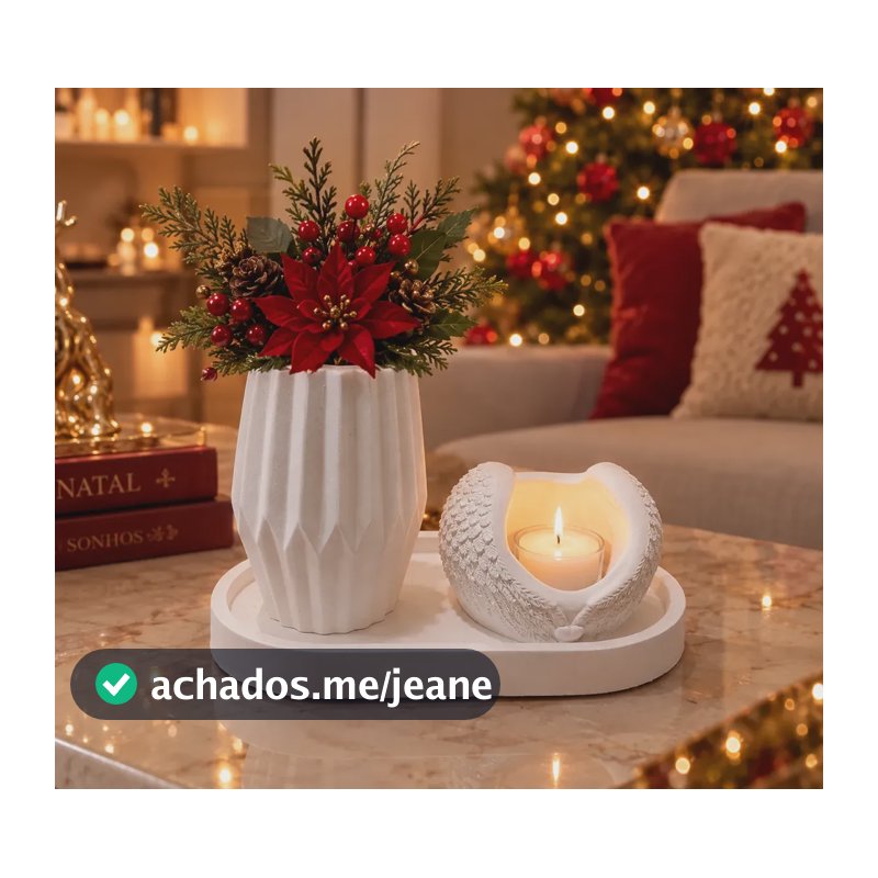 Kit De Natal Bandeja Com Vaso E Porta Vela Asas De Anjo Branco Origami + Asa De Anjo