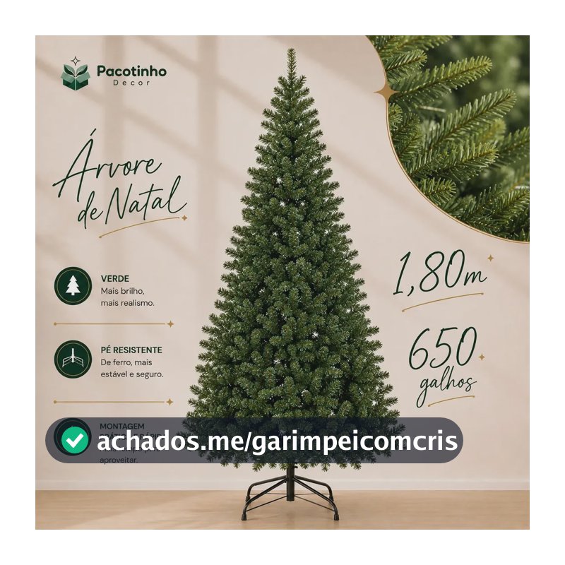 Árvore De Natal 1,80m 650 Galhos Verde Base Metal Pinheiro Canadense Pacotinho Decor