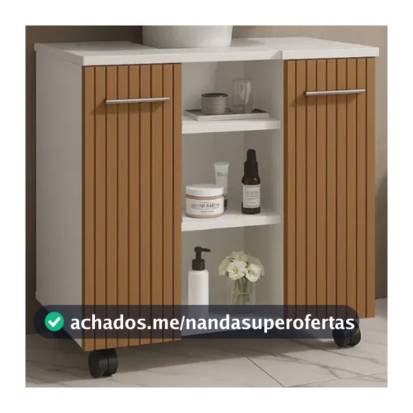 Gabinete Para Banheiro Premium 2 Portas Prateleiras Organizador 62cmx60cmx40cm Branco Ripado Com Rodizio