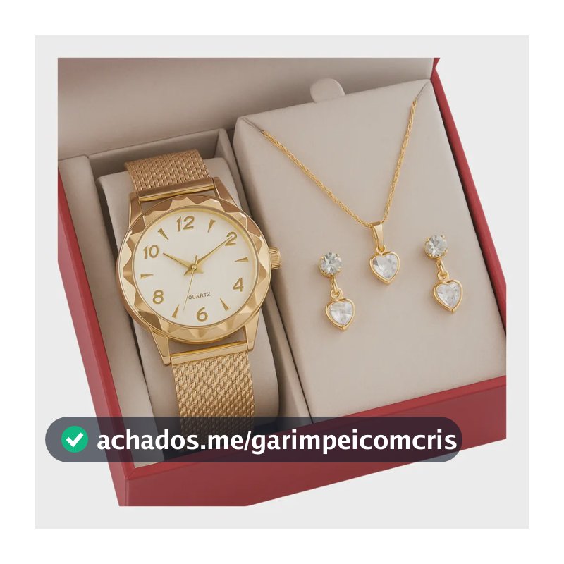 Relógio Feminino+ Colar Pingente Brincos Folheado A Ouro 18k Dourado Branco