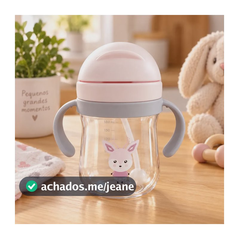 Copo Água Infantil Alça E Canudo Treinamento Anti Vazamento Rosa Animal