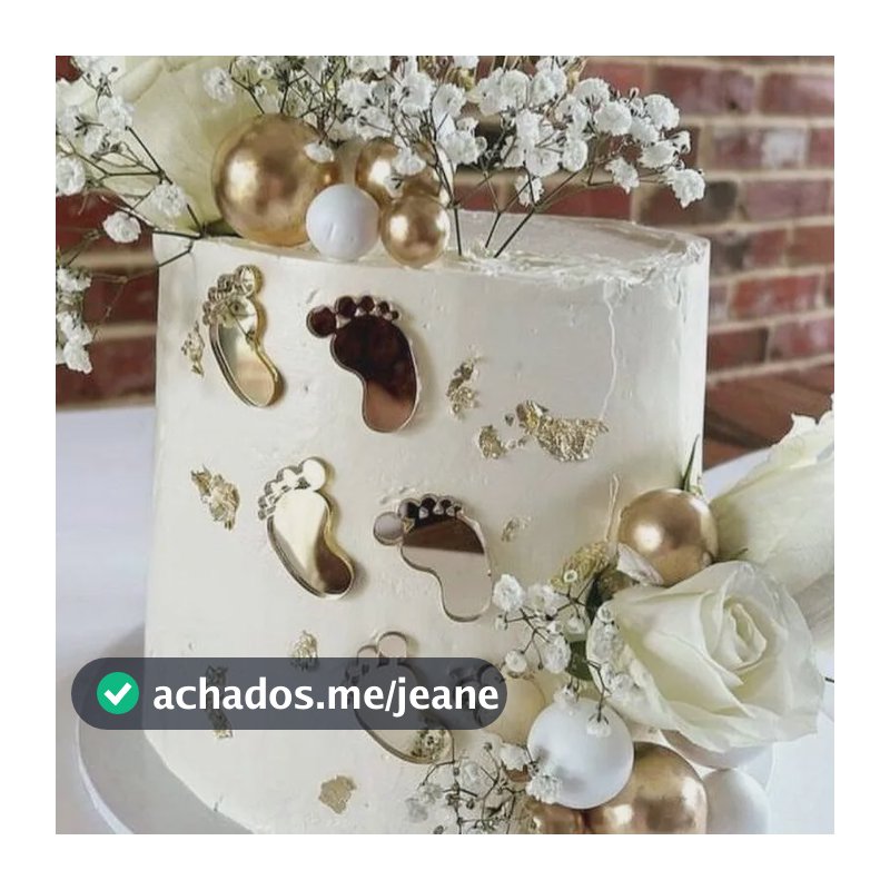 Kit Com 6 Enfeites De Bolo Pegadas Bebê Acrílico Espelhado Prateado Pezinho De Bebê