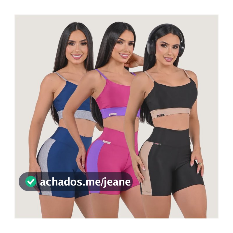 Kit 3 Conjunto Fitness Virginia Cropped Short Academia Azul/pink/preto Liso M/40-42
