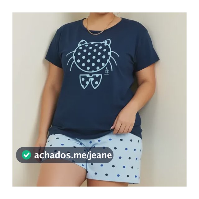 Pijama Feminino Plus Size De Algodão Gatinho Bolinha Marinho
