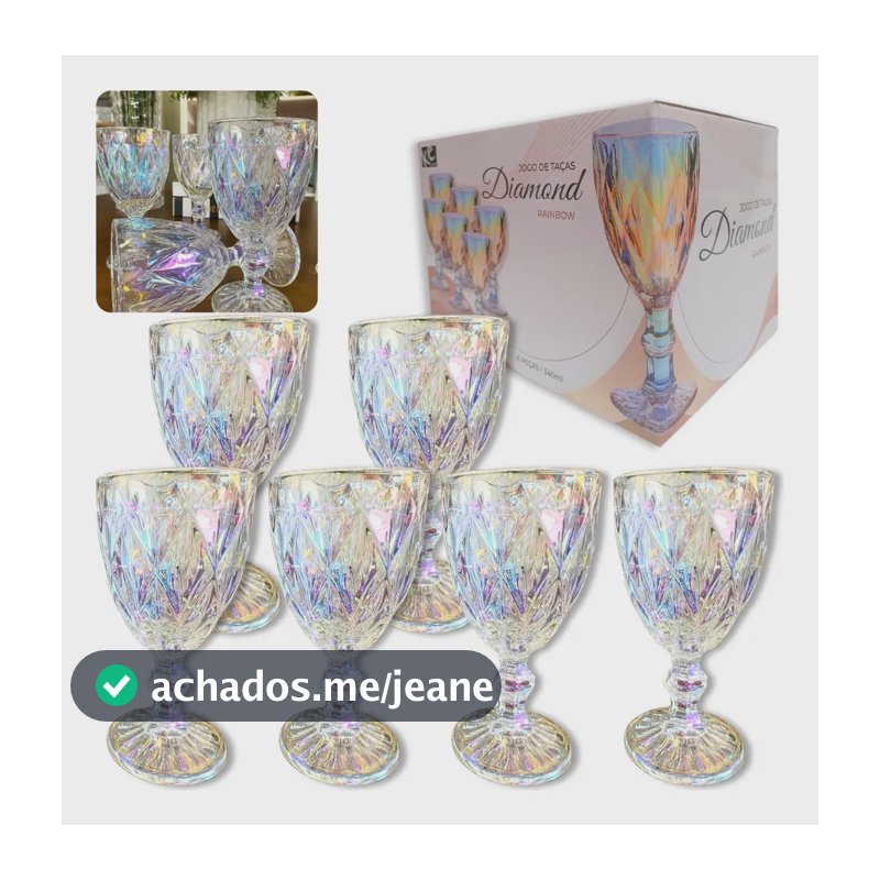 Jogo 6 Taça Vidro Decorado Textura Diamante Grossa 300 Ml Cor Raibow - Efeito Colorido