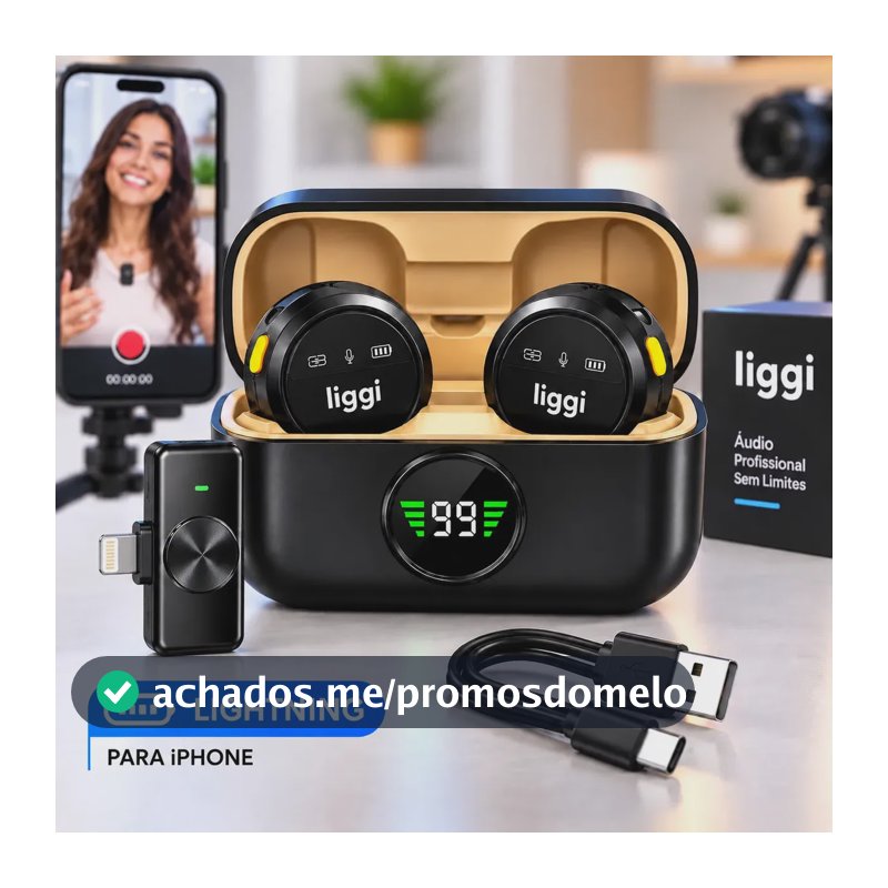 Microfone Lapela Redondo Imã Sem Fio Preto Duplo Anti Ruído Cor Preto - Lightning IPhone 8 ao 14