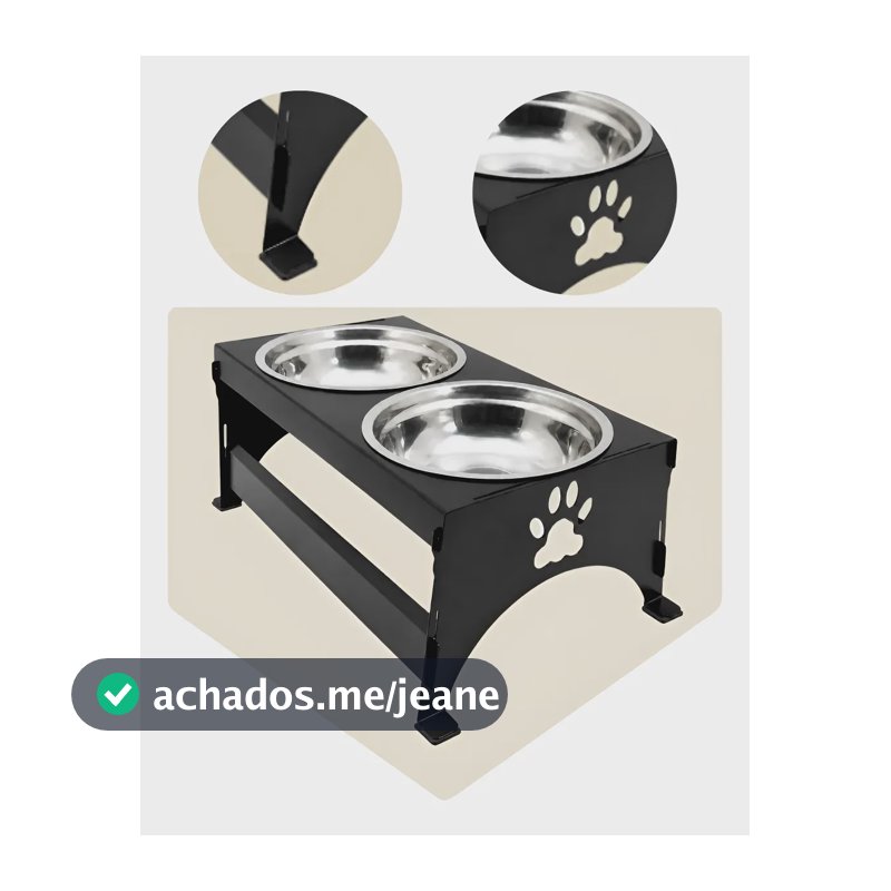 Comedouro Elevado Duplo Aço E Inox Cães Antiderrapante Preto