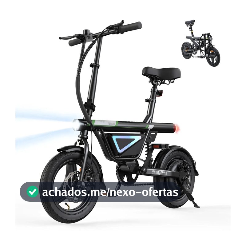 Bicicleta Elétrica Dobrável EB1S 500W, até 50km com Bateria 36V 12Ah, Suspensão Traseira, Display LCD, Farol LED e USB