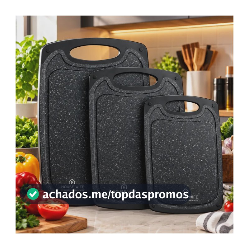 Kit com 3 Tábuas de Corte Retangulares de Polipropileno Antiderrapante Preto para Legumes e Churrasco