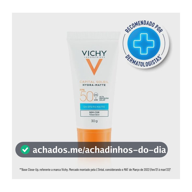 Protetor Solar Facial com Efeito Matte por 12h, Alta Proteção FPS 50, Toque Seco e Controle de Brilho, Sem Cor, Capital Soleil HydraMatte, Vichy, 30g