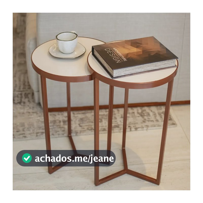Kit 2 Mesas Laterais Redonda Pes Metal Decoração Moderna Cor Bronze/Off White