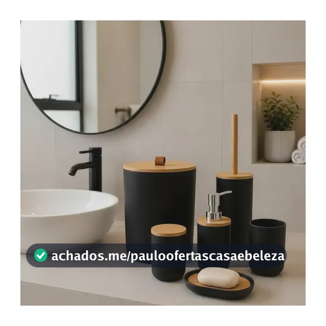 Kit Acessórios Banheiro 6 Peças Lixeira Escova Sanitária Dispenser Sabão Líquido Porta Escova Dente Saboneteira Cor Preto